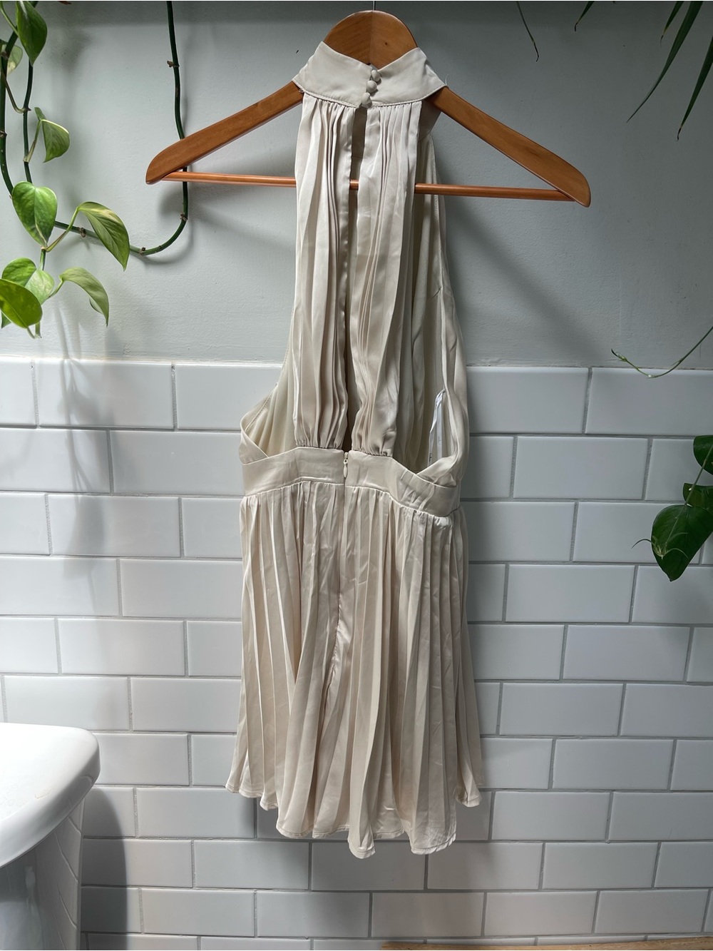 Pleated Satin Halter Midi Jumper in Cream - Picture 2 of 4